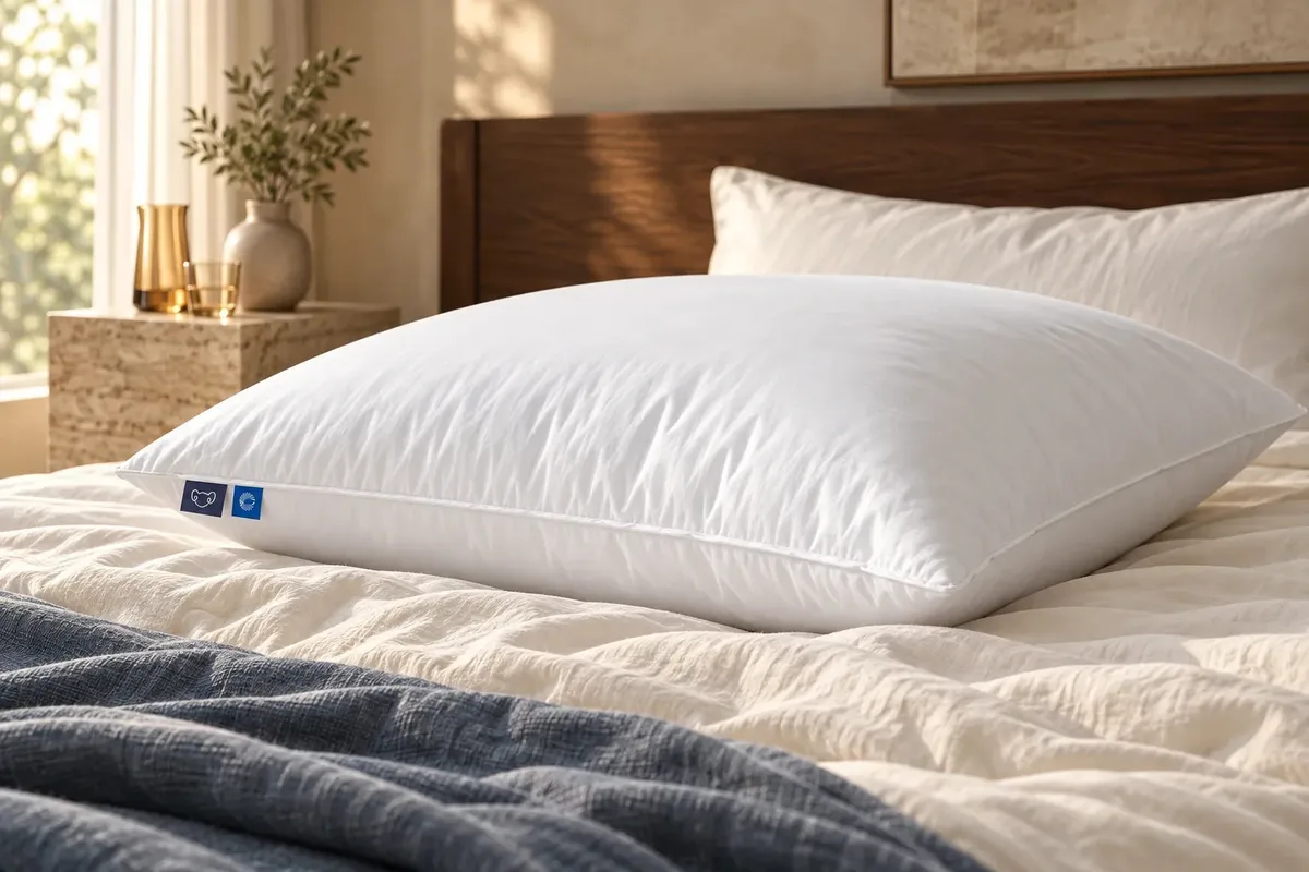 A softly rounded Cloud pillow on ivory bedding with walnut and slate-blue linen