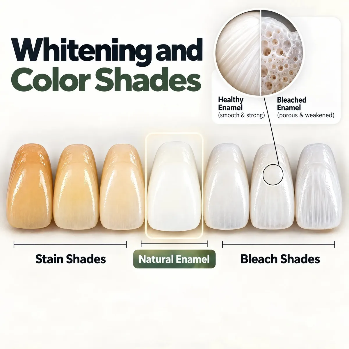 Tooth shade illustration comparing stain shades, natural enamel, and bleach shades, with an enamel close-up