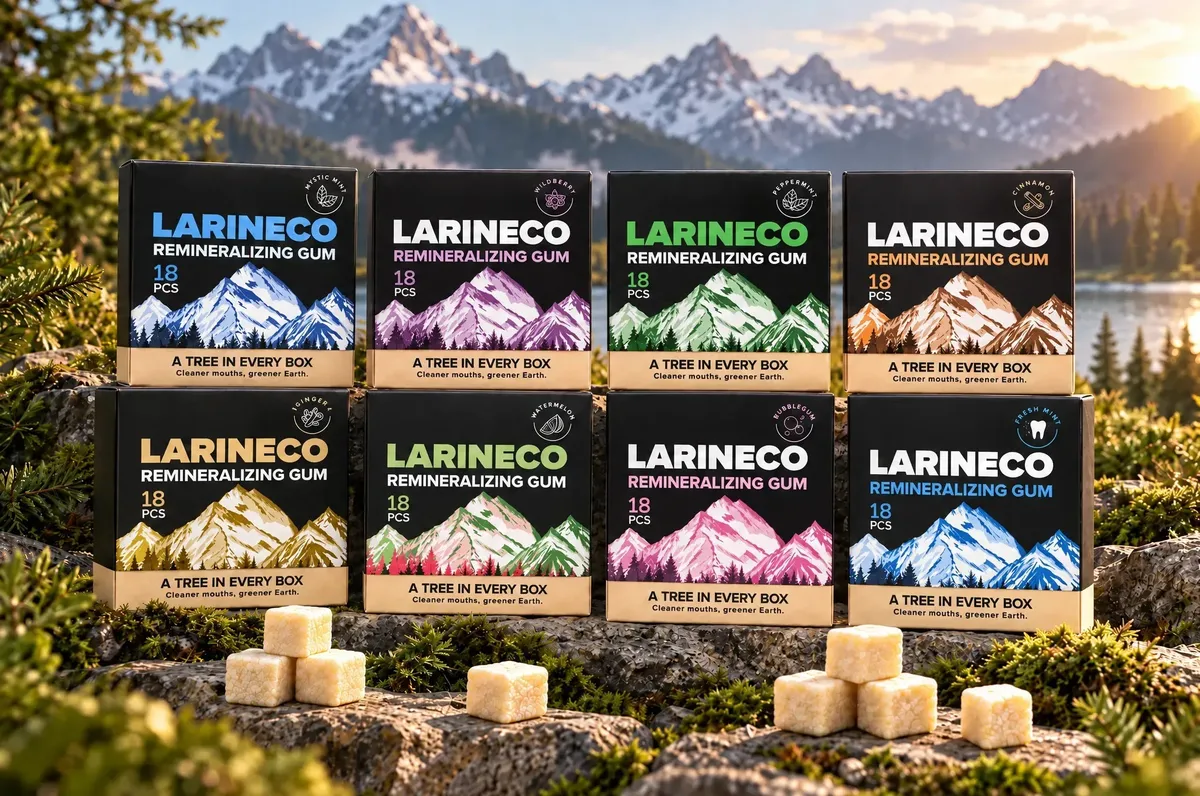 Larineco™ Remineralizing Gum flavor assortment with mountains in the background