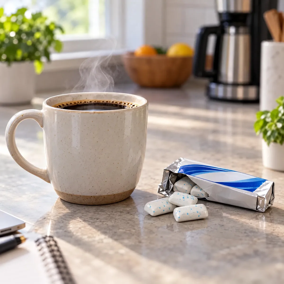 A cup of coffee beside regular gum