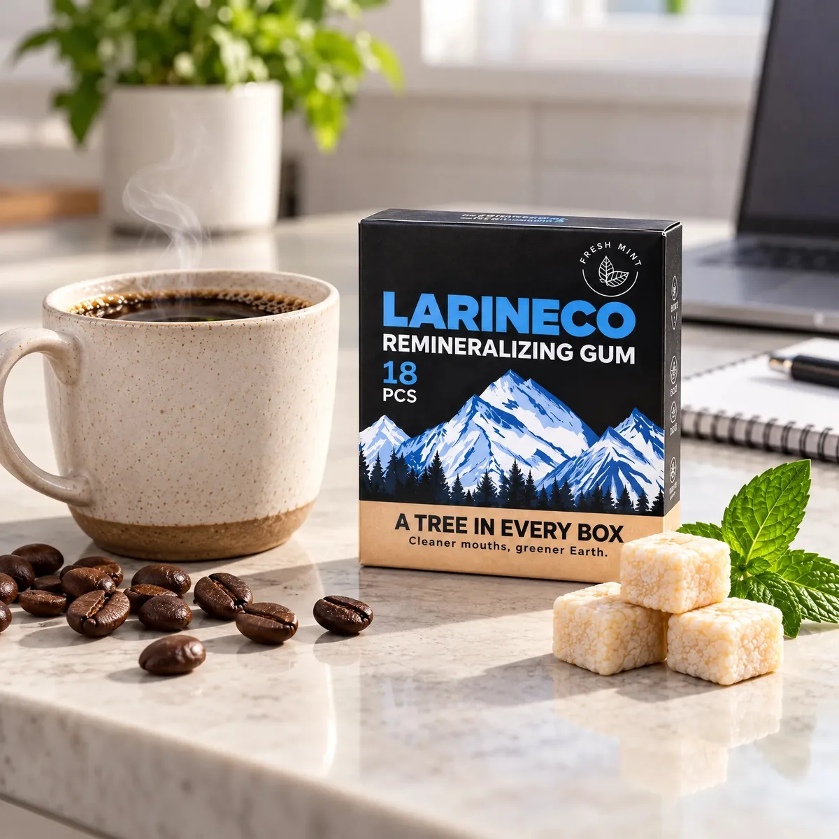 A cup of coffee beside Larineco™ Remineralizing Gum