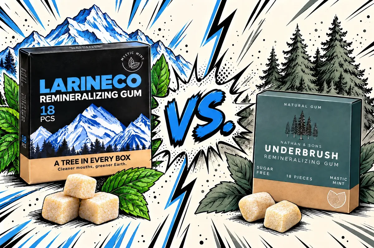 Larineco™ Remineralizing Gum and Underbrush gum boxes side by side in an illustrated comparison