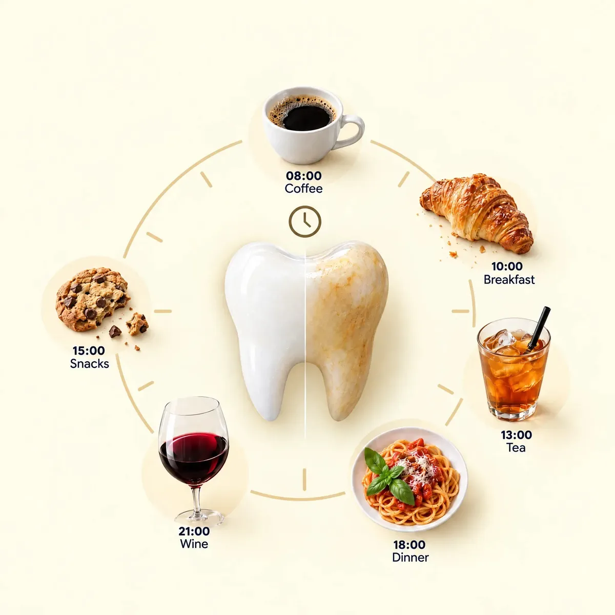 Illustration of a tooth surrounded by coffee, meals, snacks, tea, and wine throughout the day