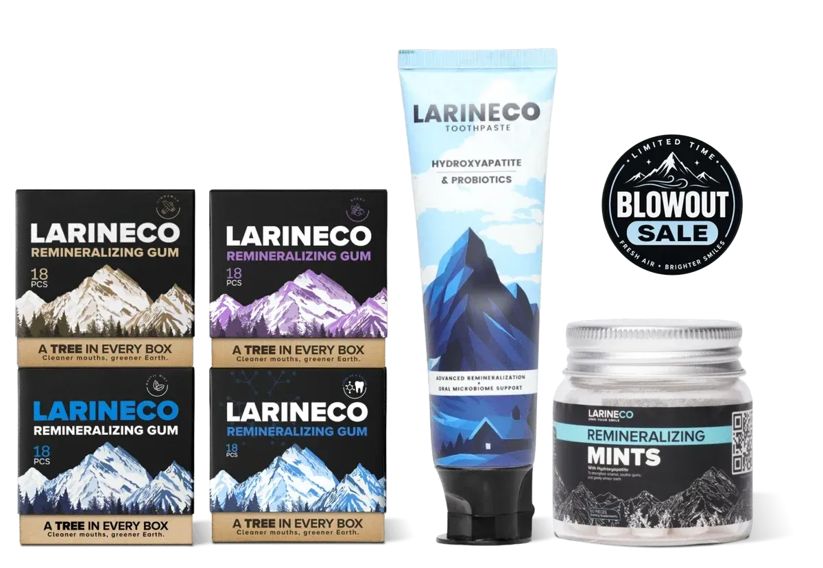 Kit completo para el esmalte Larineco™ con cuatro paquetes de chicle, pasta dental y pastillas de menta