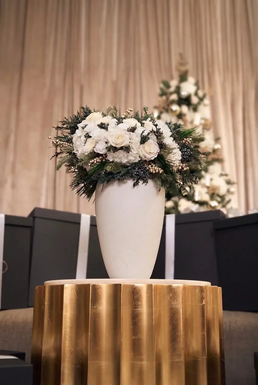 The Grand Venus holiday arrangement with white flowers and winter greenery, styled on a gold pedestal beside ribboned gifts