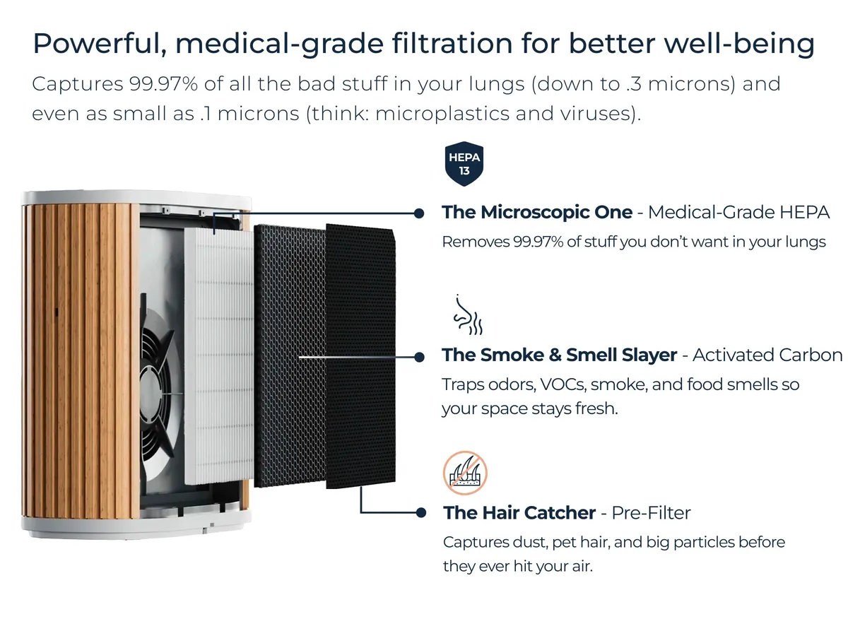 Medical-Grade H13 HEPA three-in-one filtration in Air Purifier Max