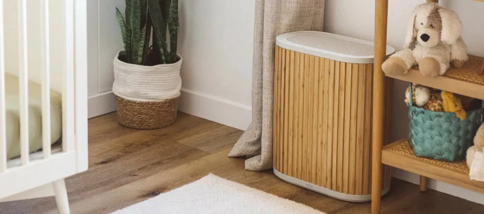 Bamboo Air Purifier Max beside a bookshelf in a warm living room