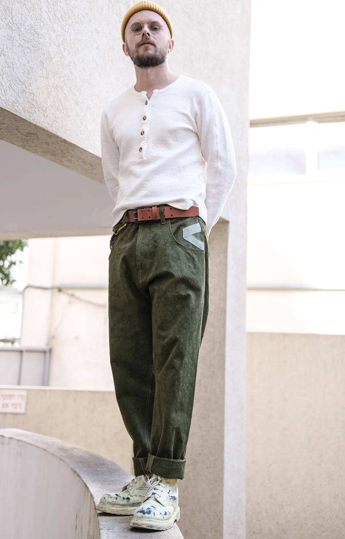Green Garage Pants on model