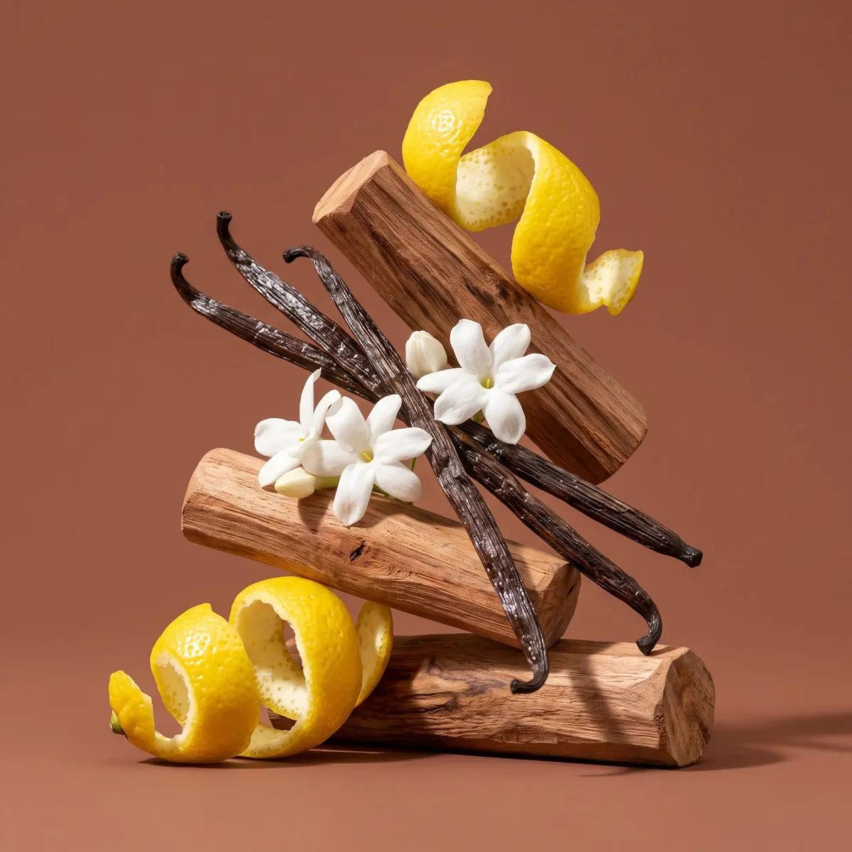 Vanilla notes as real ingredients: vanilla beans, lemon peel, flowers and wood