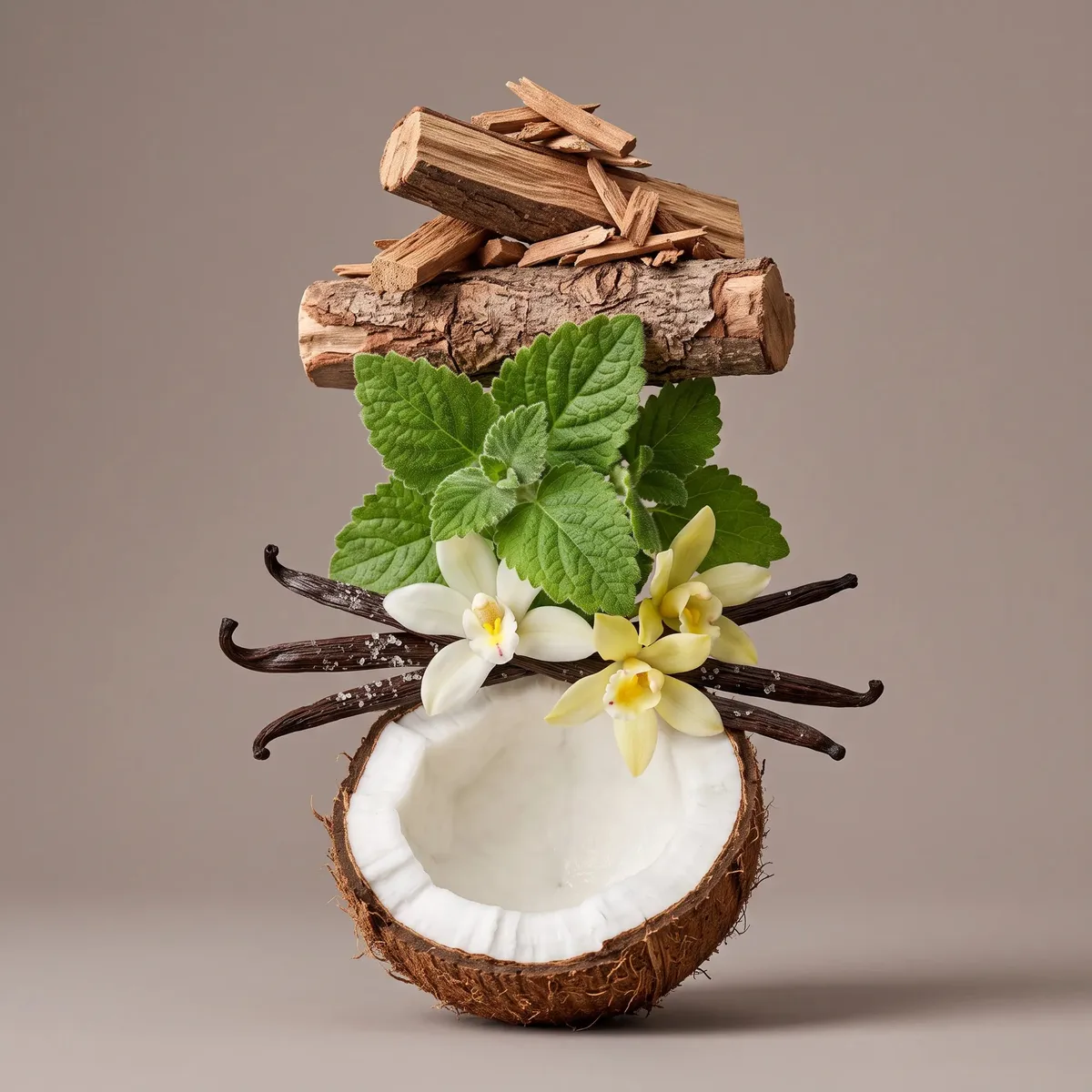 Coconut notes as real ingredients: coconut, vanilla, flowers and wood