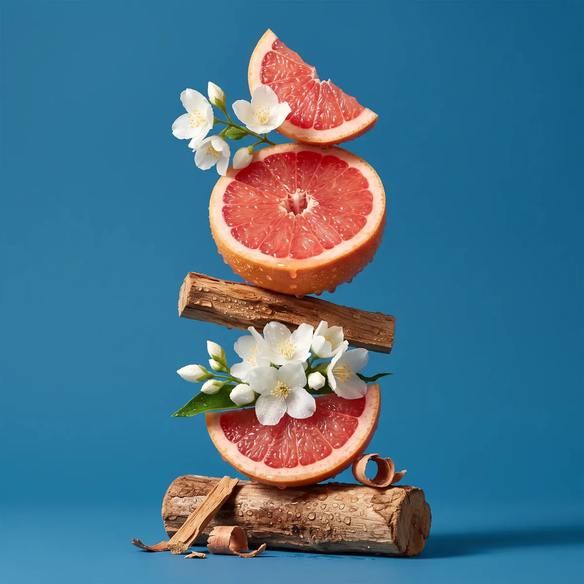Fresh notes as real ingredients: grapefruit, jasmine and sandalwood