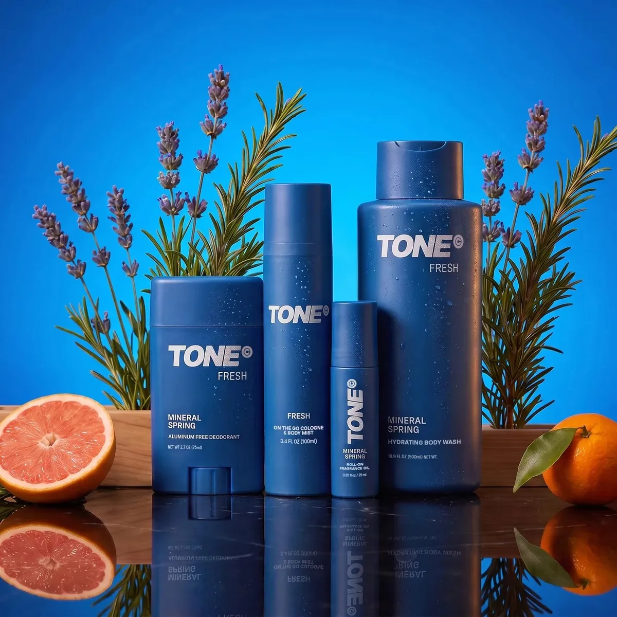 TONE Fresh Scent Layering Routine with body wash, deodorant, On The Go Cologne and roll-on oil