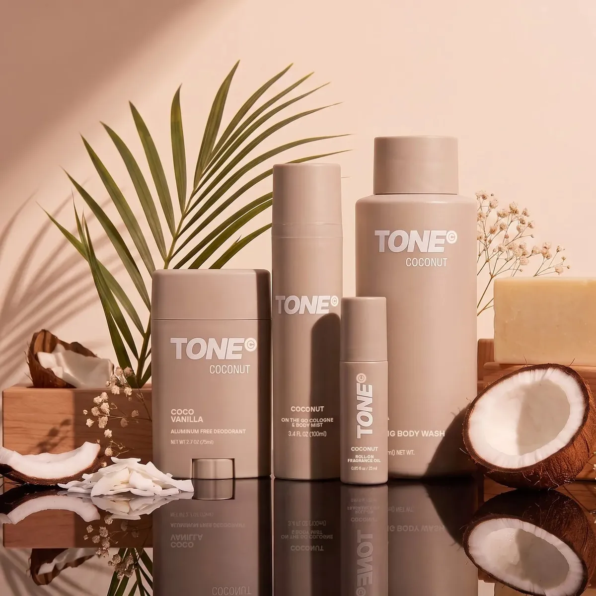 TONE Coconut Scent Layering Routine with body wash, deodorant, cologne and roll-on