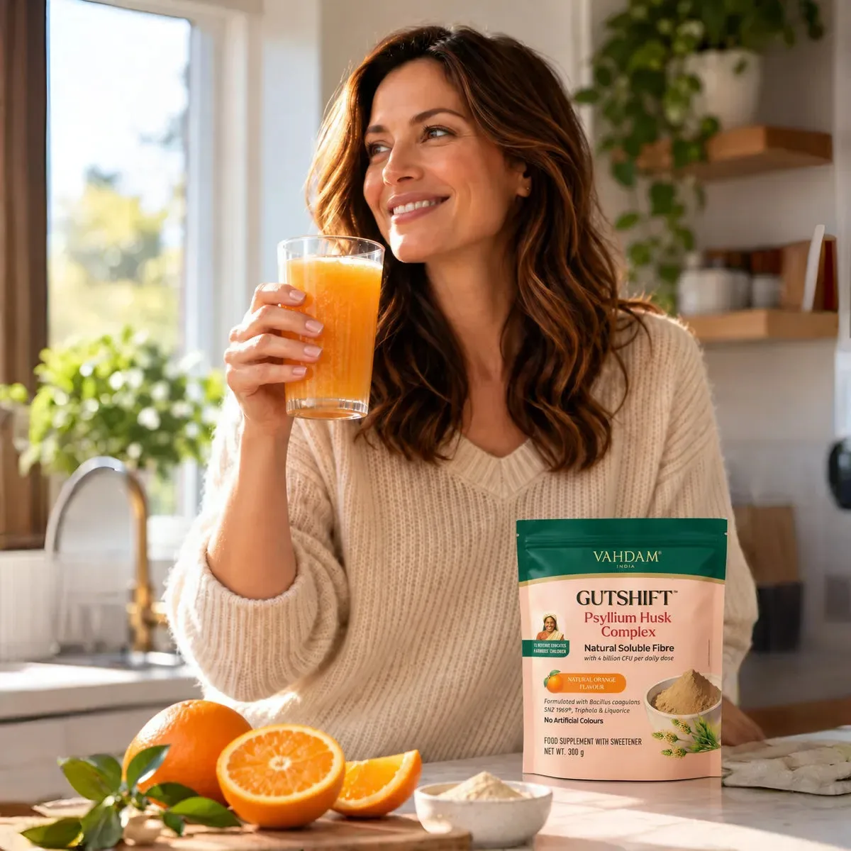 GutShift orange drink in a kitchen routine