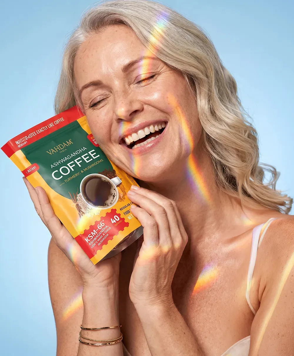 Customer holding a pack of VAHDAM Ashwagandha Coffee