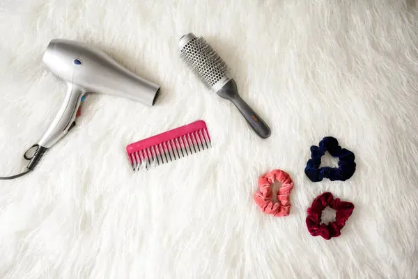 Hair dryer, comb, brush and hair ties