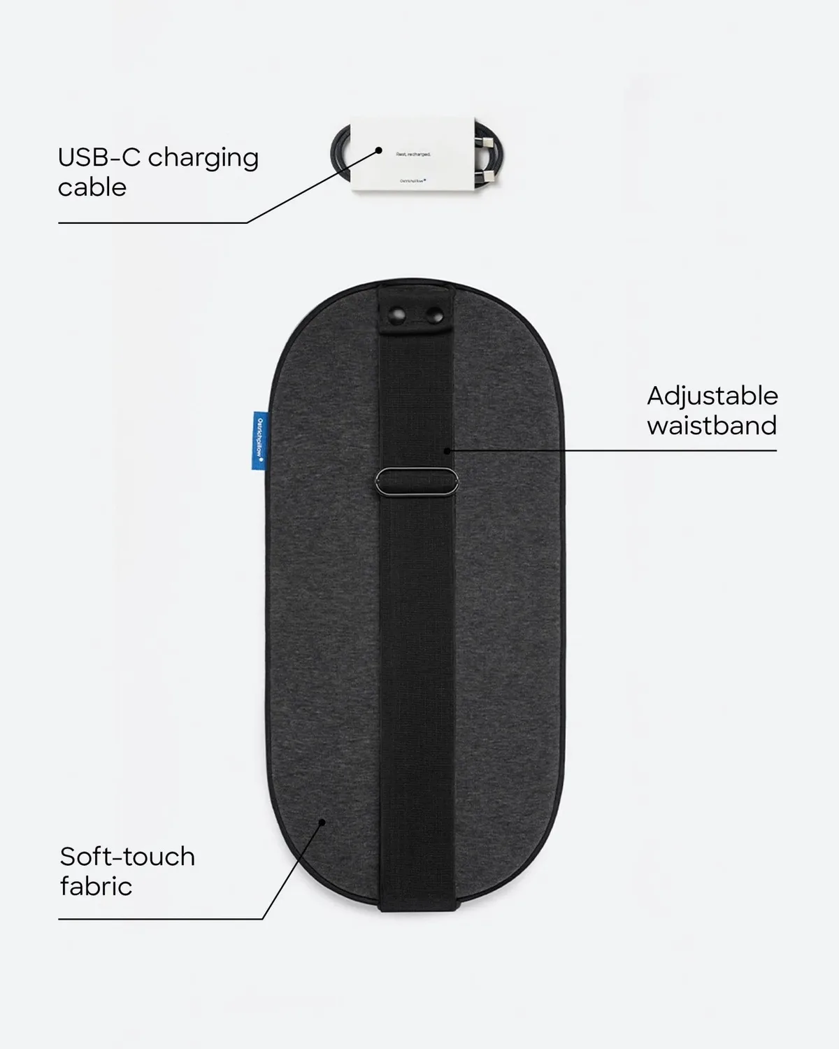 Embrace design details showing its adjustable waistband and charging cable