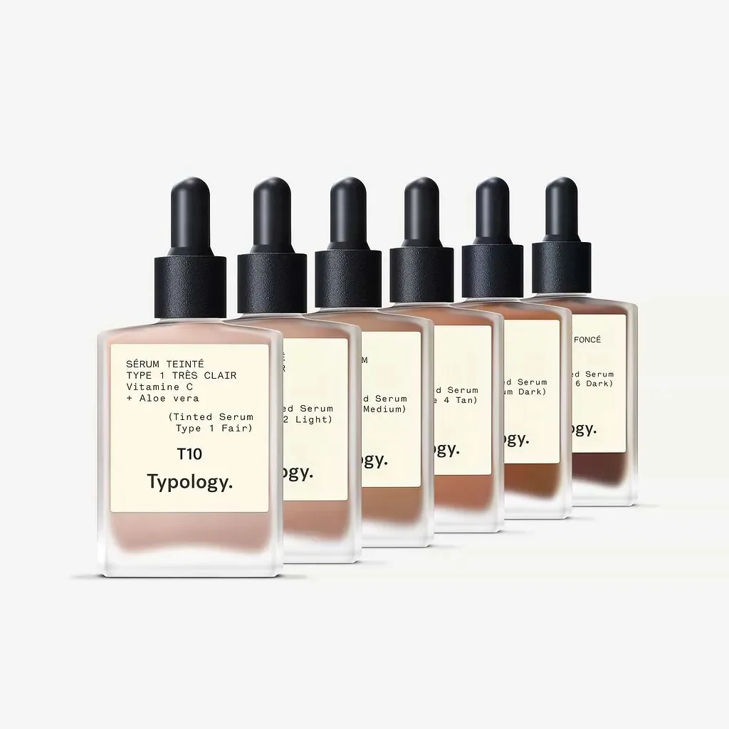 Typology Tinted Serum range showing six available shades