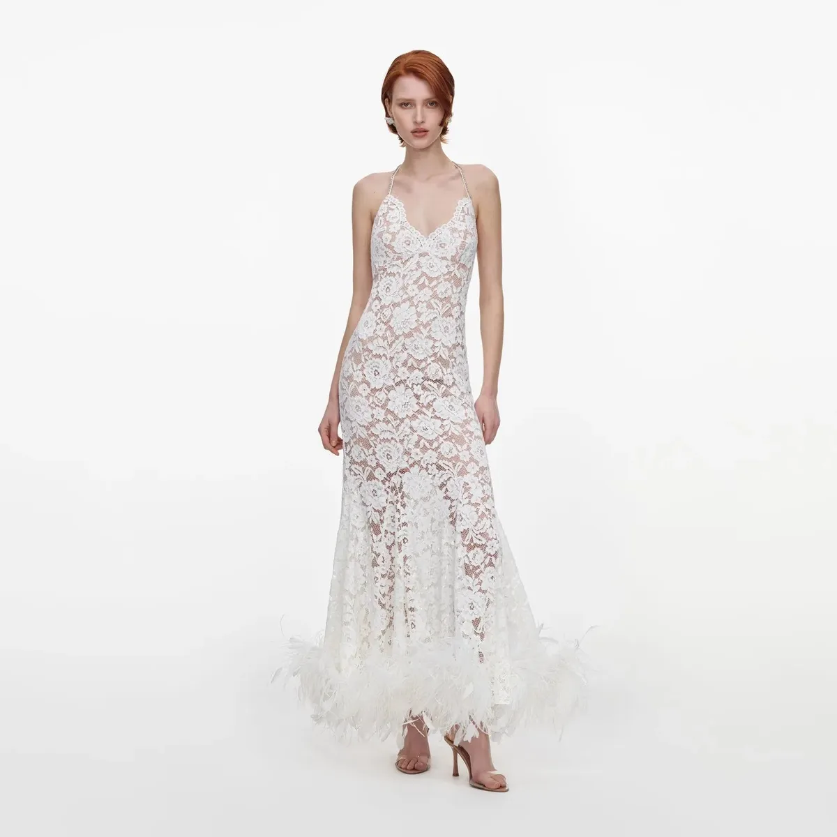 White Fine Lace Feather Maxi Dress, full-length front view