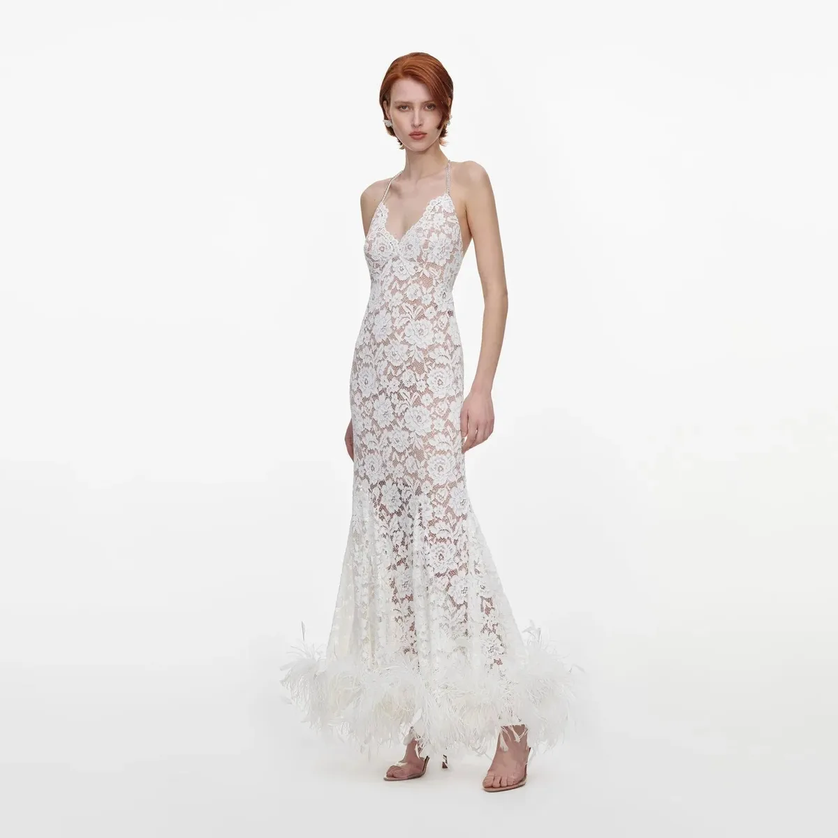 White Fine Lace Feather Maxi Dress, fitted silhouette in three-quarter view