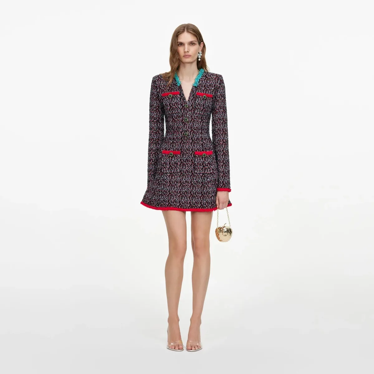 Multi Textured Knit Mini Dress with contrast red trim