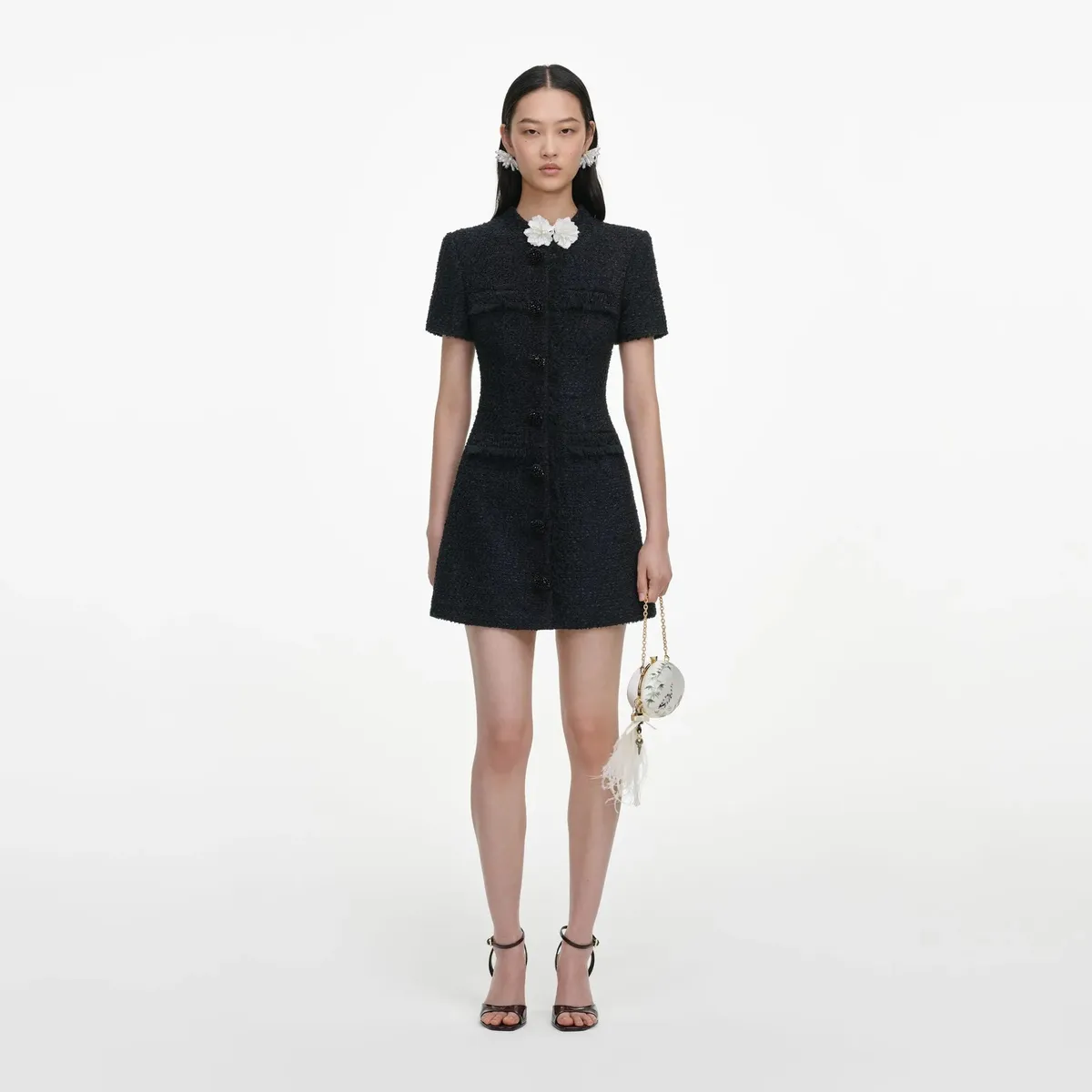 Black Boucle Flower Mini Dress with floral embellishments