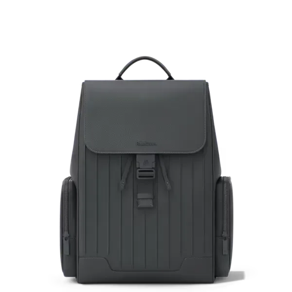 Never Still Leather Flap Backpack Large in anthracite grey