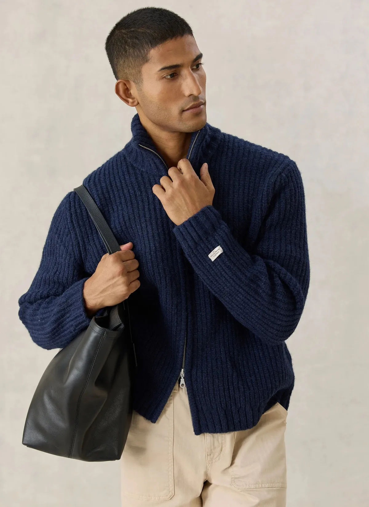 Norton Ribbed Fisherman Zip Cardigan in navy