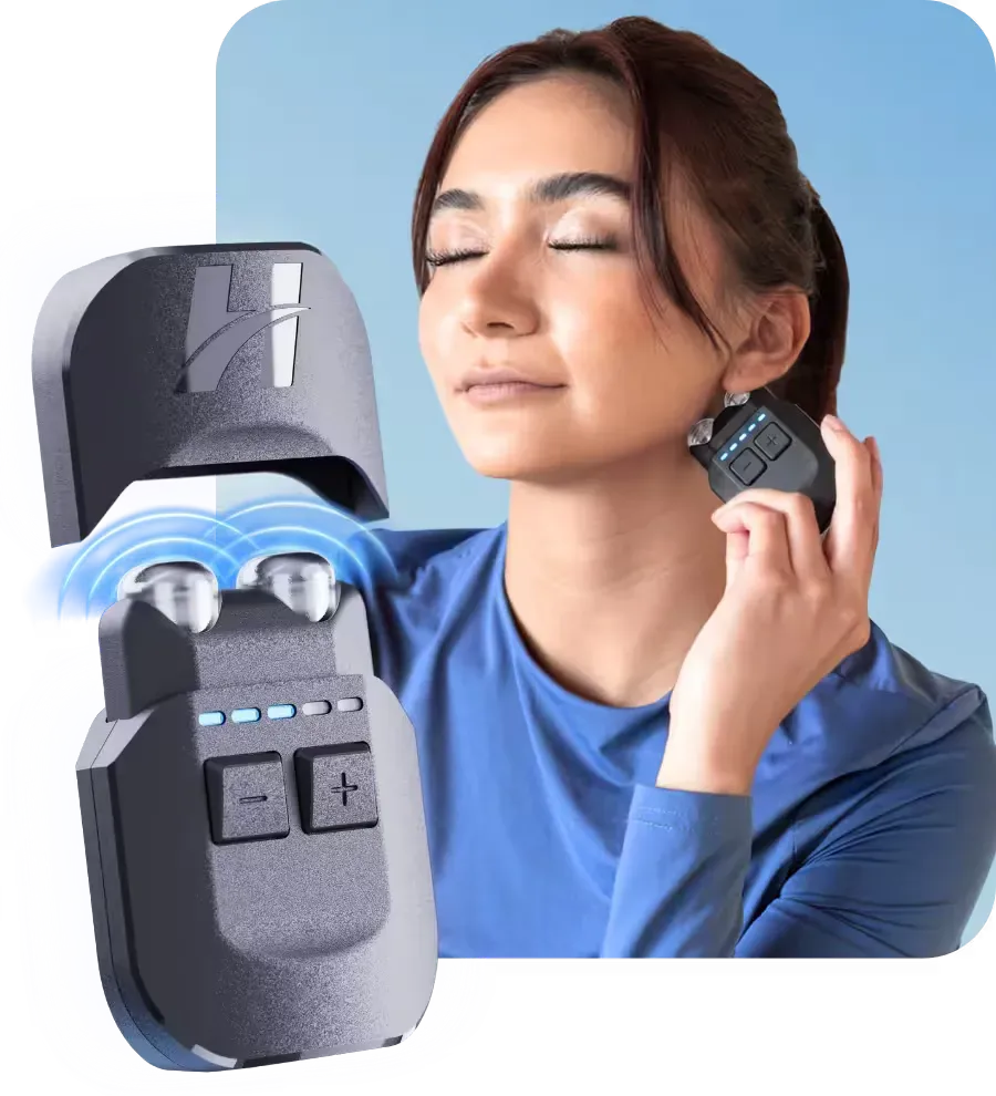 Woman using VeRelief Prime below her ear alongside a close-up of the device