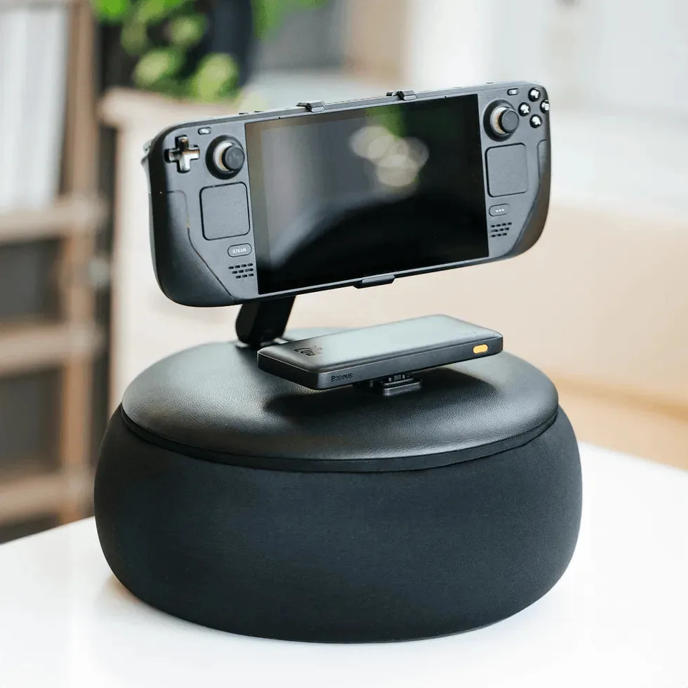 Steam Deck and battery bank mounted to a Gaming Pillow; battery bank and accessory mount sold separately